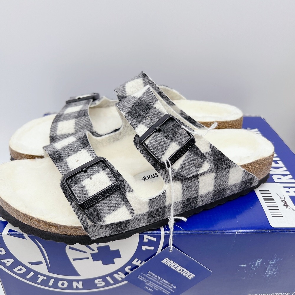 Birkenstock Arizona Rivet Shearling Sandal White Black Plaid Wool EU 46 US 13.5 - Picture 3 of 10